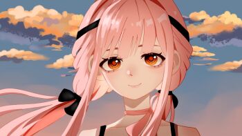 1girl bare_shoulders black_bow black_ribbon blue_sky blunt_bangs bow bow_choker bowtie bra_strap brown_eyes chinese_commentary choker closed_mouth cloud collarbone commentary_request dot_nose eyelashes floating_hair hair_bow hair_intakes hair_ribbon happy infinity_nikki light_blush lips long_hair long_sidelocks looking_at_viewer nikki_(nikki) nikki_(series) orange_pupils outdoors perfect_start_(infinity_nikki) pink_bow pink_bowtie pink_choker pink_hair pink_lips ribbon sidelocks sky smile solo sunset tress_ribbon upper_body very_long_hair wavy_hair wind yeqi_buziqi