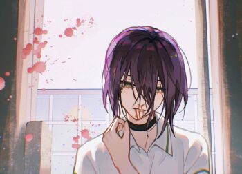 1girl black_choker blood blood_from_mouth blood_splatter chainsaw_man choker green_eyes medium_hair nosebleed polo_shirt purple_hair reze_(chainsaw_man) shirt solo white_shirt zel_(o_q)
