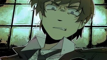 Rule 34 | 1boy, angry, black necktie, blue eyes, brown hair, clenched teeth, dress shirt, game cg, indoors, lapels, looking at viewer, necktie, non-web source, nopanamaman, notched ear, official art, school uniform, self-datamine, shirt, solo, teeth, vadim garin, window, z.a.t.o. // i love the world and everything in it