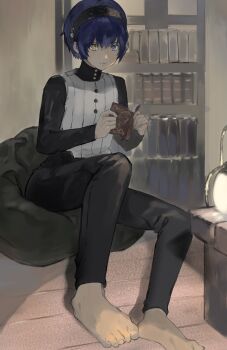 Rule 34 | 1boy, barefoot, bean bag chair, black pants, black shirt, blue hair, book, bookshelf, buttons, closed mouth, collared shirt, dark-skinned male, dark blue hair, dark skin, hair behind ear, hair between eyes, heterochromia, highres, holding, holding book, knee up, lantern, long sleeves, looking at object, male focus, metaphor: refantazio, open book, pants, protagonist (metaphor: refantazio), reading, samerkgk, shirt, sitting, solo, striped clothes, striped vest, table, vertical-striped clothes, vertical-striped vest, vest, white vest