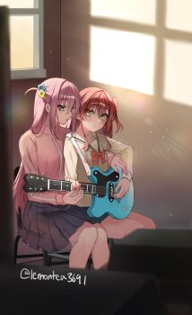 2girls black_skirt blue_eyes blush bocchi_the_rock! bow bowtie closed_mouth commentary_request cube_hair_ornament electric_guitar gotoh_hitori guitar hair_ornament highres indoors instrument jacket kita_ikuyo lemon_t light_particles long_hair multiple_girls music one_side_up parted_lips pink_hair pink_jacket playing_guitar playing_instrument pleated_skirt red_bow red_bowtie red_hair school_uniform shirt shuka_high_school_uniform skirt teaching track_jacket yellow_eyes yellow_shirt yuri