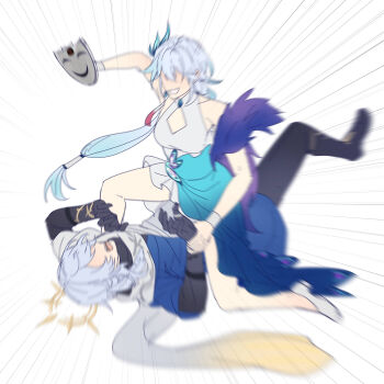 Rule 34 | 1boy, 1girl, absurdres, aqua dress, bare shoulders, black boots, black gloves, black pants, blue hair, boots, dress, emphasis lines, gloves, grin, hakuzumu, highres, holding, holding mask, honkai: star rail, honkai (series), lying, mask, on back, open mouth, pants, robe, sleeveless, sleeveless dress, smile, sunday (honkai: star rail), two-tone dress, white background, white dress, yao guang (honkai: star rail)