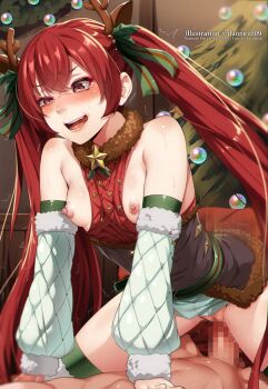 1boy 1girl :d antlers bare_shoulders breasts breasts_out christmas_tree commentary cowgirl_position dannex009 detached_sleeves english_commentary fake_antlers fire_emblem fire_emblem_fates fire_emblem_heroes girl_on_top half-closed_eyes hetero horns indoors long_hair long_sleeves nintendo nude official_alternate_costume open_mouth penis red_eyes red_hair reindeer_antlers selena_(fire_emblem_fates) selena_(winter)_(fire_emblem_fates) sex small_breasts smile solo_focus straddling sweat tearing_up teeth thighs tongue turtleneck twintails very_long_hair