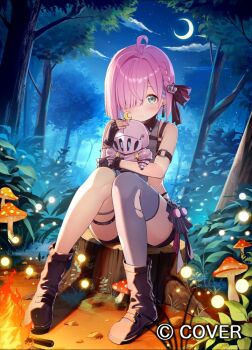 1girl ahoge arm_strap black_boots black_gloves black_panties black_shorts boots braid campfire chest_harness collared_shirt commentary_request copyright_name crescent_moon cropped_vest earrings eyewear_on_head fireflies full_body gloves green_eyes grey_shirt grey_thighhighs grey_vest hair_over_one_eye hair_ribbon harness heart heart-shaped_eyewear himemori_luna himemori_luna_(streetwear) holding hololive jewelry jungle knees_together_feet_apart looking_at_viewer luknight_(himemori_luna) moon mushroom nature night o-ring o-ring_arm_strap o-ring_thigh_strap official_alternate_costume official_alternate_hairstyle official_art outdoors panties panty_straps pink_hair ribbed_shirt ribbon shirt short_hair short_shorts shorts side_braid single_thighhigh sitting solo star_o-ring sunglasses tauta_(meshia8787) thigh_strap thighhighs torn_clothes torn_thighhighs tree underwear vest virtual_youtuber wallet_chain