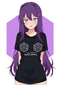 1girl arms_behind_back artist_name black_shirt blush d20_(die) dice doki_doki_literature_club dungeons_&amp;_dragons english_text long_hair open_mouth polskiyuuri polyhedral_dice purple_hair shirt shy simple_background solo t-shirt thighs wavy_mouth yuri_(doki_doki_literature_club)