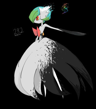 1girl alternate_color arm_up asymmetrical_gloves bare_shoulders black_background black_dress black_gloves blue_hair bob_cut character_name collarbone colored_skin dress elbow_gloves english_text female_focus flat_chest full_body gardevoir gen_3_pokemon gloves green_hair hair_over_one_eye highres long_dress looking_to_the_side mega_evolution mismatched_gloves multicolored_eyes multicolored_hair nintendo no_feet one_eye_covered orange_eyes outstretched_arm pokedex_number pokemon pokemon_(creature) red_eyes rve shiny_pokemon simple_background solo split_theme standing strapless strapless_dress two-tone_dress two-tone_hair white_dress white_gloves white_skin