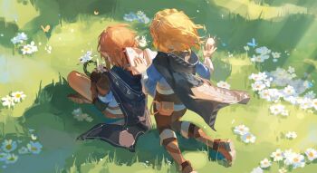 Rule 34 | 1boy, 1girl, behind another, black cape, blue shirt, blue tunic, book, boots, braid, breasts, brown boots, brown gloves, brown pants, cape, champion's tunic (zelda), chinese commentary, commentary request, crown braid, earrings, fairy, fingerless gloves, flower, gloves, hood, hood down, hooded cape, jewelry, kneeling, link, nintendo, on grass, open book, pants, pointy ears, princess zelda, shirt, silent princess, sitting, solo, the legend of zelda, the legend of zelda: tears of the kingdom, tunic, white flower, yumiyumo3o