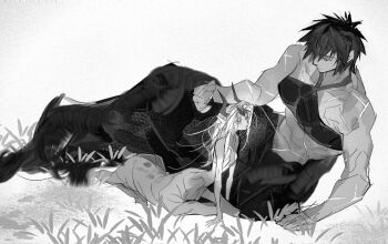 2girls centaur centauroid commentary deer_girl full_body grey_background greyscale highres horns long_hair monochrome monster_girl multiple_girls muscular muscular_female original outdoors s_xing_guowang scar scars_all_over short_hair simple_background sitting symbol-only_commentary taur too_many yuri