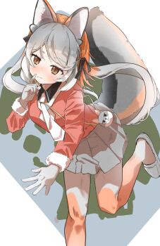 1girl animal_ears bag brown_hair commentary_request extra_ears fox_ears fox_girl fox_tail gloves grey_hair highres island_fox_(kemono_friends) jacket kemono_friends kemono_friends_v_project llb long_hair looking_at_viewer necktie pantyhose ribbon shirt shoes shoulder_bag simple_background skirt solo tail twintails virtual_youtuber yellow_eyes