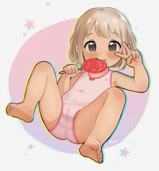 1girl barefoot black_eyes blonde_hair blush female_focus highres loli looking_at_viewer one-piece_swimsuit original pink_one-piece_swimsuit short_hair simple_background solo swimsuit timmytim v