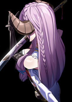absurdres bare_shoulders black_background black_gloves braid breasts cleavage commentary_request from_above from_behind gloves granblue_fantasy highres horns katana large_breasts long_hair narmaya_(granblue_fantasy) pink_hair pointy_ears reflection ryoyu_(ryoyustarlight) sword thighhighs weapon