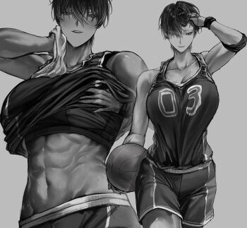 Rule 34 | 1girl, abs, ball, basketball (object), basketball jersey, basketball uniform, breasts, commentary, cowboy shot, hand in own hair, highres, holding, holding ball, holding towel, jersey, kobun0, large breasts, may (ulularts), monochrome, original, short hair, shorts, simple background, solo, sportswear, sweat, sweatdrop, tomboy, toned, toned female, towel, untranslatable commentary