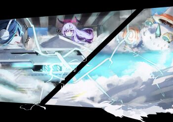 &gt;_&lt; +++ 2girls :d absurdres aris_(blue_archive) black_hair blue_archive commentary_request earmuffs floating_headgear halo headgear highres laser long_hair minibi_(minibeat) multiple_girls open_mouth purple_eyes purple_hair purple_halo railgun smile snow snowman utaha_(blue_archive) xd