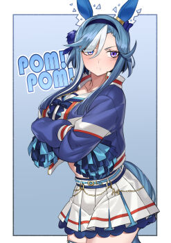 1girl absurdres adapted_costume admire_groove_(umamusume) animal_ears averting_eyes belt blue_background blue_belt blue_border blue_bow blue_bowtie blue_hair blue_hairband blunt_tresses border bow bowtie cheerleader collarbone commentary cosplay cowboy_shot ear_covers ear_ornament eyes_visible_through_hair fukuro_(maruaru00) hair_over_one_eye hairband highres horse_ears horse_girl long_hair mole mole_under_eye multicolored_hair nice_nature_(run&amp;win)_(umamusume) nice_nature_(umamusume) nice_nature_(umamusume)_(cosplay) outside_border pleated_skirt pom_pom_(cheerleading) pom_pom_(clothes) purple_eyes sailor_collar short_hair_with_long_locks sidelocks single_hair_intake skirt solo swept_bangs thick_thighs thighs two-tone_hair umamusume white_hair white_skirt
