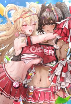 Rule 34 | 2girls, absurdres, bay (nikke), black hair, blonde hair, blue sky, blush, breasts, cheerleader, clay (nikke), crop top, dark-skinned female, dark skin, emu (emuemuart), goddess of victory: nikke, hair intakes, highres, holding, holding pom poms, large breasts, long hair, looking at viewer, midriff, mole, mole on breast, mole on stomach, mole under mouth, multicolored hair, multiple girls, navel, open mouth, outdoors, pleated skirt, pom pom (cheerleading), pom poms, ponytail, red eyes, red hair, red skirt, rewind (nikke), skirt, sky, smile, streaked hair, sweat, sweatdrop, two-tone tank top, underboob, visor cap, wet