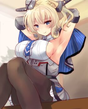 Rule 34 | 1girl, armpits, arms behind back, black pantyhose, blonde hair, blue eyes, blue necktie, braid, breasts, capelet, colorado (kancolle), commentary request, dress, elbow gloves, feet out of frame, garrison cap, gloves, grey capelet, grey dress, grey gloves, grey hat, hat, headgear, highres, hirune (konekonelkk), kantai collection, large breasts, necktie, pantyhose, pleated dress, shirt, short hair, side braids, sideboob, sideless shirt, sleeveless, sleeveless shirt, solo