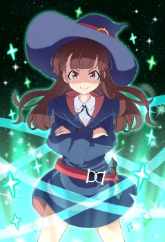 Rule 34 | 1girl, absurdres, blue dress, blue hat, blunt bangs, brown hair, commentary request, crossed arms, determined, dress, green aura, green background, gunbuster pose, hat, highres, kagari atsuko, little witch academia, long hair, looking at viewer, luna nova school uniform, nanamira bi, red eyes, school uniform, smile, solo, sparkle, witch hat