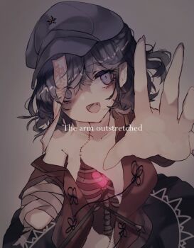 1girl :d amputee bandaged_arm bandages black_hair black_skirt breasts chinese_clothes commentary_request english_text fang hat hat_ornament heart jiangshi looking_at_viewer medium_breasts miyako_yoshika newsboy_cap ofuda one-hour_drawing_challenge open_mouth purple_eyes purple_hat red_shirt ribs shinjitsu_no_kuchi shirt short_hair short_sleeves simple_background skin_fang skirt smile solo star_(symbol) star_hat_ornament stitches tangzhuang touhou upper_body