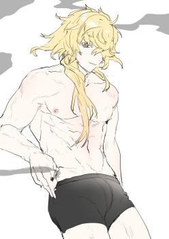 Rule 34 | 1boy, absurdres, blonde hair, boxers, cigarette, colored eyelashes, cowboy shot, dal-gi, highres, holding, holding cigarette, ichimonji norimune, long hair, looking at viewer, male focus, male underwear, nipples, simple background, smile, smoke, smoke trail, solo, toned, toned male, topless male, touken ranbu, underwear, white background