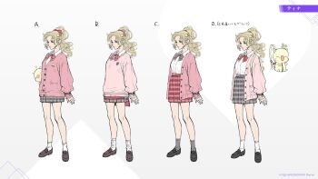 1girl bare_legs blonde_hair bow bowtie cardigan character_backpack commentary_request concept_art dissidia_duellum_final_fantasy dissidia_final_fantasy final_fantasy final_fantasy_vi flannel full_body high-waist_skirt highres official_alternate_costume official_art open_cardigan open_clothes pink_sweater pleated_skirt prototype_design reference_sheet school_uniform skirt sweater terra_branford_(school_cardigan) tina_branford variations
