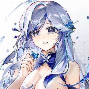 1girl :d absurdres blue_eyes blue_flower blue_hair blueblossom borrowed_character breasts commentary commission english_commentary flower flower_ornament hair_flower hair_ornament highres holding holding_flower large_breasts lenhee_(kaito) long_hair looking_at_another open_mouth original pixiv_commission smile solo variant_set white_background white_hair