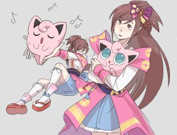 blue_eyes brown_eyes brown_hair closed_eyes gen_1_pokemon hair_ribbon highres holding holding_pokemon japanese_clothes jigglypuff kimono legs long_hair lying music musical_note nintendo obi oichi_(pokemon_conquest) oichi_(sengoku_musou) on_back open_mouth platform_footwear poke_ball_print pokemon pokemon_(creature) pokemon_conquest ponytail random_minty ribbon sandals sash sengoku_musou singing skirt tabi
