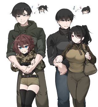 Rule 34 | 2boys, 2girls, absurdres, ahoge, bag, bandage on face, bandages, bandit-chan (k0ng), belt, black belt, black bodysuit, black hair, black shirt, black thighhighs, blue eyes, bodysuit, breasts, brown hood, brown pants, brown shirt, camouflage, camouflage hoodie, chibi, chibi inset, closed mouth, cropped hoodie, embarrassed, eyes visible through hair, genderswap, genderswap (ftm), green hoodie, green skirt, grey eyes, hair between eyes, hands on another's arms, height difference, highres, hood, hood down, hoodie, hug, hug from behind, k0ng, large breasts, loner-chan (k0ng), long hair, long sleeves, looking at another, multiple boys, multiple girls, namul (k0ng), original, pants, parted lips, ponytail, red eyes, shirt, short hair, shoulder bag, sidelocks, simple background, skirt, smile, sweatdrop, thighhighs, turtleneck, turtleneck shirt, two-tone shirt, white background, zettai ryouiki