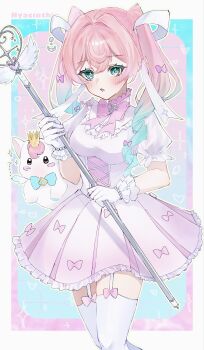 1girl absurdres alternate_costume aqua_eyes aqua_hair border bow bowtie breasts cowboy_shot dress drill_hair frilled_gloves frills garter_straps gloves gradient_hair hair_intakes hair_ribbon highres holding holding_wand honkai:_star_rail honkai_(series) hyacine_(honkai:_star_rail) light_blush little_ica_(honkai:_star_rail) long_hair magical_girl medium_breasts miyu_10969 multicolored_hair parted_lips pink_border pink_bow pink_bowtie pink_dress pink_hair ribbon short_sleeves sidelocks solo thighhighs twin_drills twitter_username two-tone_hair wand white_background white_border white_gloves white_ribbon white_thighhighs zettai_ryouiki