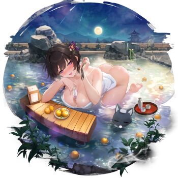 1girl 1other :d animal_ear_fluff animal_ears ass bamboo black_hair bottle breasts chipy cleavage collarbone eyes_visible_through_hair feet floating floating_object food fruit full_moon hair_between_eyes hair_ornament highres hinomiya_shion hinomiya_shion_(source_of_the_scent) holding holding_bottle large_breasts long_hair looking_at_viewer moon mountainous_horizon naked_towel night non-web_source official_alternate_costume official_alternate_hairstyle open_mouth orange_(fruit) outdoors pagoda partially_submerged poker_fate purple_eyes purple_hair reflection reflective_liquid ripples rock smile thighs towel towel_on_head transparent_background wet