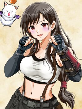 1girl absurdres armpit_crease bare_shoulders belt black_gloves black_hair black_skirt black_sports_bra blush bracelet breasts collarbone commentary_request crop_top earrings elbow_gloves fighting_stance final_fantasy final_fantasy_vii final_fantasy_vii_remake fingerless_gloves gloves hair_behind_ear highres jewelry long_hair looking_at_viewer low-tied_long_hair macqueen7777 medium_breasts midriff moogle navel open_mouth red_eyes single_arm_guard single_earring skirt sports_bra suspender_skirt suspenders tank_top tifa_lockhart upper_body white_tank_top yellow_background