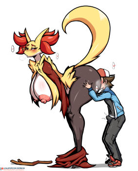 1boy 1girl 2019 anilingus ass bent_over blush body_fur breasts breath bulge clothed_male_nude_female cunnilingus delphox erection face_in_ass furry gen_6_pokemon half-closed_eyes hanging_breasts hat headgear headwear_request heart hetero hilbert_(pokemon) huge_ass huge_breasts interspecies lollipopcon looking_back nintendo nipples nude oral orange_fur patreon pokemon pokemon_(creature) pokemon_bw red_eyes simple_background size_difference stick sweat tail_raised white_background white_fur yellow_fur