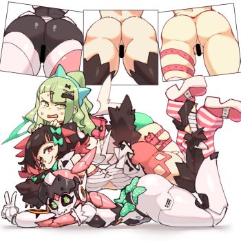 3girls aqua_nails arched_back ass bandaid bandaid_hair_ornament bar_censor black_hair black_sclera black_thighhighs blush bow censored chinatsu_remiel closed_mouth colored_inner_hair colored_sclera commentary dress english_commentary from_side fur-trimmed_thighhighs fur_trim green_bow green_eyes green_hair green_halo hair_bow hair_ornament halo hands_on_another's_head humanoid_robot leg_warmers looking_at_viewer lying lying_on_person multicolored_hair multiple_girls multiple_hair_clips multiple_thigh_straps on_stomach open_mouth pink_bag pink_leg_warmers pink_shoes polka_dot polka_dot_bow red_eyes robot robot_girl rokudu_sariel rtil shoes simple_background sketch skindentation smile striped_leg_warmers sweat thigh_strap thighhighs thighs triangle_hair_ornament v white_background white_dress white_wings winged_bag wings yutane_johiel zenless_zone_zero