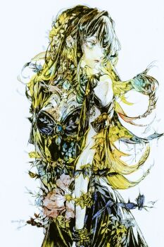1girl 7na5go bare_arms black_dress black_hair cowboy_shot dress flipped_hair flower hair_ornament leaf leaf_hair_ornament lineart long_hair original shirt solo white_shirt