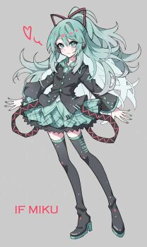 1girl aqua_eyes aqua_hair aqua_nails aqua_skirt aqua_trim black_jacket black_ribbon boots character_name closed_mouth collared_shirt grey_background hair_ribbon hatsune_miku hatsune_miku_(if) headset highres jacket long_hair long_sleeves looking_at_viewer lulutmi official_alternate_costume official_alternate_hairstyle plaid_clothes plaid_skirt ribbon shirt simple_background skirt solo thigh_boots thighhighs very_long_hair vocaloid zettai_ryouiki