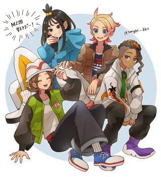 2boys 2girls ahoge bell-bottoms belt black_hair blonde_hair blue_eyes blue_hoodie blue_shirt blush breasts brown_hair brown_jacket closed_eyes closed_mouth collarbone collared_shirt cube_hair_ornament dark-skinned_male dark_skin dreadlocks earclip frown green_jacket green_necktie grey_eyes hair_ornament harmony_(pokemon) hat highres hood hood_down hoodie jacket leggings lida_(pokemon) long_hair long_sleeves multiple_boys multiple_girls naveen_(pokemon) necktie nintendo open_clothes open_jacket open_mouth orange_leggings orange_sweater_vest orange_vest pants pokemon pokemon_legends:_z-a purple_eyes purple_shoes rain_(tonight_862) ribbed_socks shirt shoes short_hair sitting smile socks striped_hat sweater_vest teeth topknot two-tone_legwear upper_teeth_only urbain_(pokemon) vest white_hat white_jacket white_leggings white_shirt white_socks