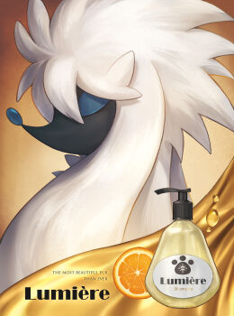 absurdres blue_eyes closed_eyes dog fluffy food fruit furfrou gen_6_pokemon highres nintendo no_humans orange_(fruit) orange_slice pokemon pokemon_(creature) pokemon_focus poodle shampoo shampoo_bottle shine_cheese water_drop white_fur