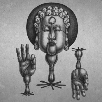 Rule 34 | 1boy, 88kasyo junrei, afro, album cover, anatomical nonsense, ass, cloud, commentary request, cover, creature, doll joints, earrings, greyscale, highres, jewelry, joints, lips, monochrome, mudra, nude, painting (medium), propeller, sky, surreal, taniguchi takashi, traditional media, unfinished