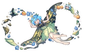 1girl animalization antennae barefoot blue_butterfly blue_flower blue_hair bug butterfly butterfly_wings caterpillar closed_eyes commentary dress eating egg eternity_larva facing_viewer fairy flower food fruit full_body green_dress hair_flower hair_ornament hashtag-only_commentary highres insect insect_wings leaf medium_hair multicolored_dress open_mouth orange_(fruit) pupa_(insect) shouxishao_jiuyuan smile toes touhou wings yellow_butterfly yellow_wings