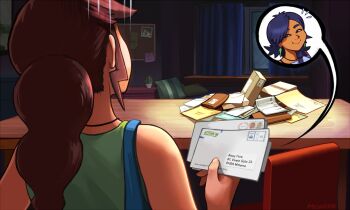 address aloey_fera bag blue_hair blue_shirt chair corkboard creative_commons curtains dining_room earrings envelope feather_earrings feathers from_behind green_shirt holding holding_envelope jewelry lightning_bolt_symbol mail michafrar necklace nova_summers original package pillow plant polaroid_photo ponytail potted_plant red_hair shirt shoulder_bag smile solo speech_bubble squinting stamp striped sweatdrop tank_top thumbtack track_summers vertical_stripes window