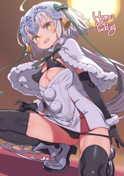 1girl artist_name bell black_bra black_gloves black_panties black_thighhighs boots bow bra breasts cameltoe capelet commentary_request covered_erect_nipples dress elbow_gloves fate/grand_order fate_(series) fur-trimmed_capelet fur_trim gloves green_bow hair_bell hair_ornament headpiece highres jeanne_d&#039;arc_alter_santa_lily_(fate) long_hair looking_at_viewer open_mouth paid_reward_available panties panty_pull ponytail puddinghomhom pulling_own_clothes small_breasts solo soolo squatting thighhighs underwear white_boots white_capelet white_dress white_hair yellow_eyes
