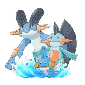 absurdres black_eyes evolutionary_line gen_3_pokemon highres marshtomp mudkip nintendo no_humans open_mouth pokemon pokemon_(creature) simple_background swampert tozimete_yauyu water white_background yellow_eyes