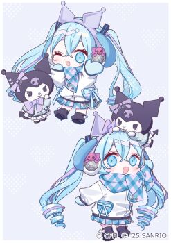 1girl :d ;d aqua_eyes black_shoes blue_mittens blue_scarf blue_skirt bow chibi chibi_only coat commentary_request company_name copyright_notice full_body hair_between_eyes hatsune_miku heart kuromi misumi_(macaroni) mittens multicolored_hair official_art one_eye_closed onegai_my_melody open_mouth pink_scarf pink_skirt plaid_clothes plaid_scarf plaid_skirt pleated_skirt purple_background purple_hair sanrio scarf shoes skirt smile streaked_hair twintails two-tone_skirt vocaloid white_coat