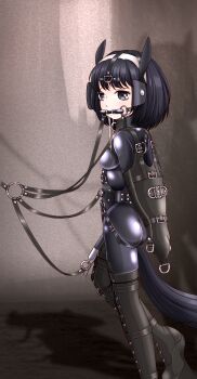 1girl anal anal_beads anal_object_insertion anal_tail animal_ears arm_binder armbinder arms_behind_back bdsm bit_gag black_bodysuit black_eyes black_hair blinders bodysuit bondage boots bound bound_arms breasts bridle butt_plug collar drooling fake_animal_ears fake_tail falalalalalalal feet_out_of_frame gag gag_harness hairband harness heel-less_heels highres hoof_shoes horse_ears horse_tail looking_at_viewer object_insertion original pet_play platform_boots pony_play posture_collar reins saliva sex_toy shadow shiny_clothes short_hair skin_tight slave small_breasts solo standing standing_on_one_leg tail thigh_boots vaginal vaginal_object_insertion walking