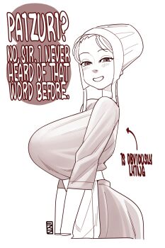 1girl absurdres amish breasts ekz_(robotekz) highres large_breasts looking_at_viewer monochrome simple_background solo standing talking