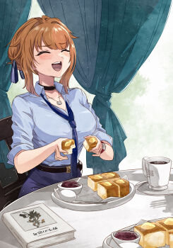 1girl :d ^_^ belt black_belt black_choker blue_necktie blue_shirt book bread bread_slice breasts brown_hair butter chair choker closed_eyes coffee collarbone collared_shirt commentary_request commission cup curtains dated egg_(food) food girls'_frontline grizzly_mkv_(elite_on_patrol)_(girls'_frontline) grizzly_mkv_(girls'_frontline) hair_bun hair_ribbon highres holding holding_food jewelry kanmiya_shinobu large_breasts necklace necktie official_alternate_costume ogura_toast_(food) on_chair open_mouth plate red_bean_paste ribbon shirt sidelocks signature single_hair_bun sitting sleeves_rolled_up smile solo spoon striped_ribbon teeth toast upper_teeth_only