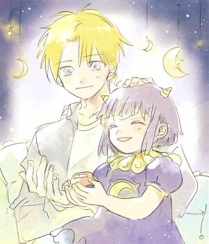 1boy 1girl albert_(konjiki_no_gash!!) blonde_hair closed_eyes demon_girl demon_horns dress gradient_background hair_ornament headpat holding holding_toy horns jacket konjiki_no_gash!! laila_(konjiki_no_gash!!) light_smile purple_dress purple_hair shihori_(light_prawn) shirt toy toy_car white_shirt