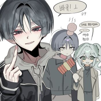 1boy 1girl alternate_costume black_dress black_hair black_jacket black_sleeves blunt_ends blush_stickers bright_pupils brown_coat brown_sleeves casual circle_hands closed_mouth coat contemporary cross-shaped_pupils drawstring dress eyelashes eyeliner eyeshadow genshin_impact green_eyes green_hair grey_eyes grey_hoodie grey_jacket grey_pants grey_sleeves hair_intakes height_difference highres hood hoodie imagirl_0 jacket korean_text lapels layered_sleeves long_hair long_sleeves looking_to_the_side looking_up makeup middle_finger multiple_head_bumps nahida_(genshin_impact) pants parted_lips pink_nails pointy_ears purple_eyes red_eyeliner red_eyeshadow sanpaku scaramouche_(genshin_impact) side_ponytail sidelocks smirk speech_bubble symbol-shaped_pupils translation_request trench_coat tsurime turtleneck turtleneck_dress white_background white_mouth white_pupils wispy_bangs