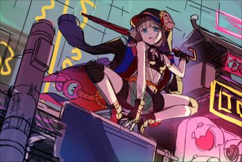 Rule 34 | 1girl, :3, :p, bike shorts, black coat, black gloves, black shorts, black sports bra, blue eyes, boots, braid, chinese text, city, closed mouth, closed umbrella, coat, coat on shoulders, commentary request, dress, fingerless gloves, floating hair, full body, gloves, grey hair, highres, holding, holding umbrella, hood, hood up, hooded coat, idolmaster, idolmaster shiny colors, knee guards, kurageso, linea alba, long hair, looking at viewer, mask, mask on head, neon lights, night, orange boots, road sign, rope, serizawa asahi, shimenawa, shorts, side braids, sign, smile, solo, sports bra, striped clothes, striped dress, tongue, tongue out, traffic light, umbrella, umbrella over shoulder, unfinished, vertical-striped clothes, vertical-striped dress