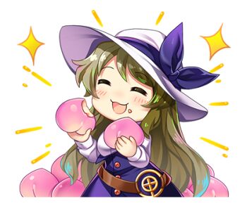 1girl belt blush brown_belt chibi chibi_only closed_eyes dress eating food food_on_face fruit happy hat hat_ribbon holding holding_food holding_fruit long_hair long_sleeves loose_belt lowres official_art open_mouth peach purple_dress purple_ribbon ribbon rotte_(1109) second-party_source shirt smile solo sticker_(medium) touhou touhou_lostword transparent_background very_long_hair watatsuki_no_toyohime white_hat white_shirt