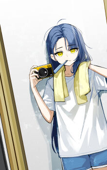 Rule 34 | 1girl, absurdres, asymmetrical bangs, blue hair, blue shorts, camera, closed mouth, commentary request, cowboy shot, dutch angle, firehippo, gangzi (vtuber), hands up, highres, holding, holding camera, korean commentary, long hair, looking at viewer, mirror selfie, selfie, shirt, short shorts, short sleeves, shorts, solo, standing, stellive, t-shirt, towel, towel around neck, virtual youtuber, white shirt, yellow eyes